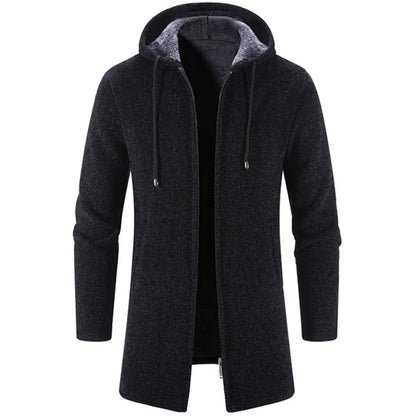 Autumn And Winter Men's Zipper Hooded Cardigan Sweater Coat  Warm Medium Long Cardigan Casual Solid Color Knitted Sweatercoat