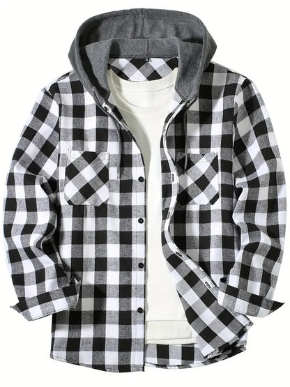 Youth Fashion Street Hooded Plaid Shirt Men's Slim Fit Long Sleeved Shirt Couple Travel Casual Shirt Men's Sports Shirt Jacket