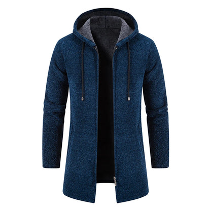 Men's Winter Padded Jacket Thick Fleece Long Jackets Coat Knitting Sweaters Hooded Zipper Cardigan Male Overcoat