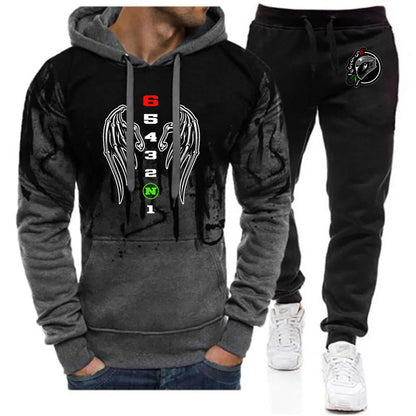 2025 Spring Autumn Men Manual Transmission 1N23456 Motorcycle Logo Print Popular Gradient Color Hoodies+Drawstring Sweatpant Set