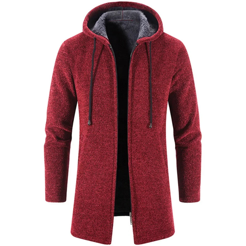 Autumn And Winter Men's Zipper Hooded Cardigan Sweater Coat  Warm Medium Long Cardigan Casual Solid Color Knitted Sweatercoat