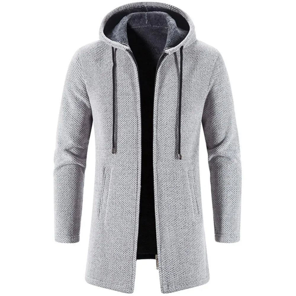 Autumn And Winter Men's Zipper Hooded Cardigan Sweater Coat  Warm Medium Long Cardigan Casual Solid Color Knitted Sweatercoat