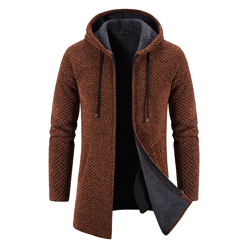 Men's Winter Padded Jacket Thick Fleece Long Jackets Coat Knitting Sweaters Hooded Zipper Cardigan Male Overcoat