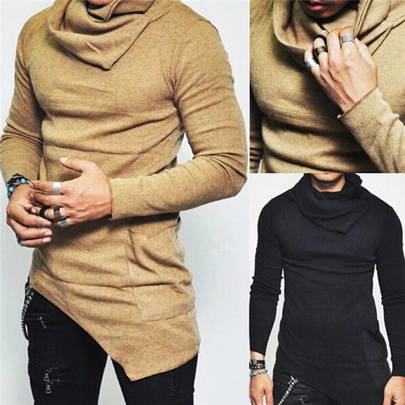 Men's Hoodies Unbalance Hem Pocket Long Sleeve Sweatshirt For Men Clothing Autumn Turtleneck Sweatshirt Top Hoodie