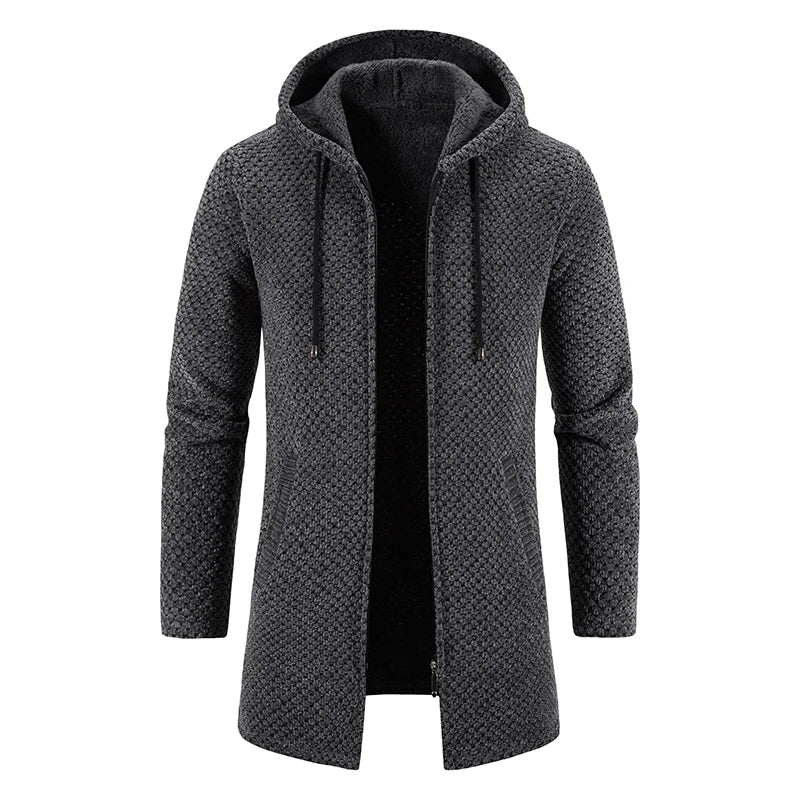 Men's Winter Padded Jacket Thick Fleece Long Jackets Coat Knitting Sweaters Hooded Zipper Cardigan Male Overcoat