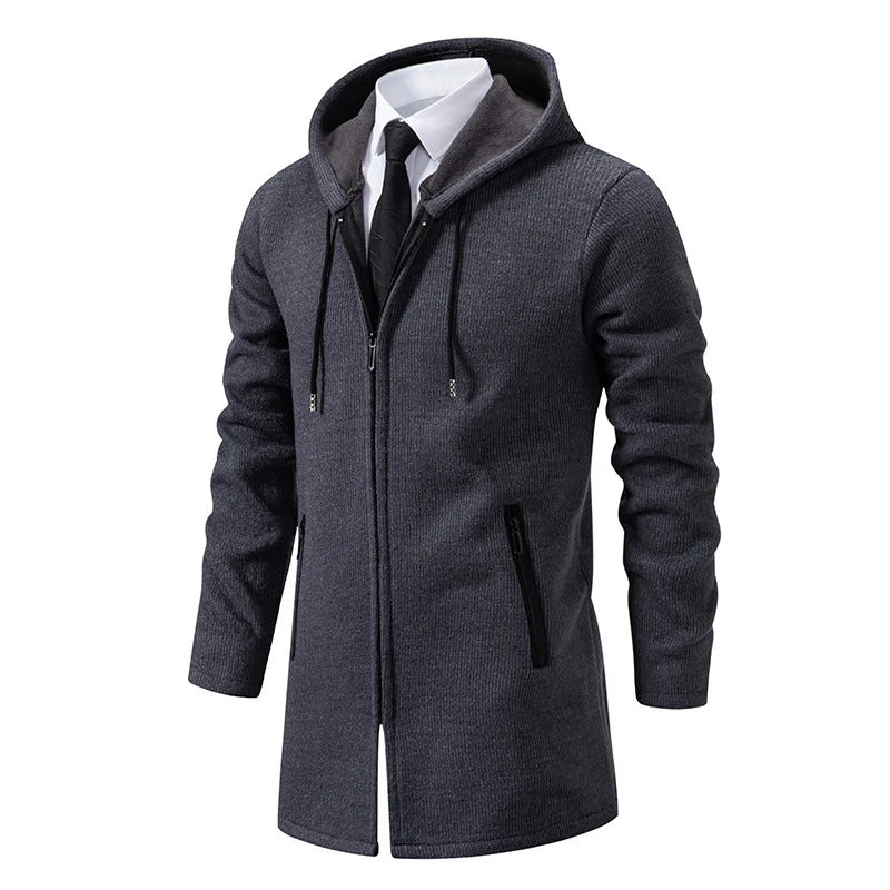 Men's Winter Padded Jacket Thick Fleece Long Jackets Coat Knitting Sweaters Hooded Zipper Cardigan Male Overcoat