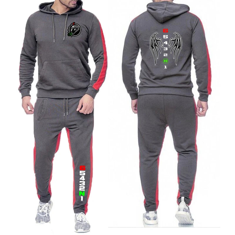 2025 Spring Autumn Men's Manual Transmission 1N23456 Motorcycle Logo Printed Fashion Pullover Hoodies+Sweatpants Solid Color Set