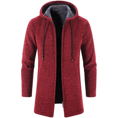 Autumn And Winter Men's Zipper Hooded Cardigan Sweater Coat  Warm Medium Long Cardigan Casual Solid Color Knitted Sweatercoat