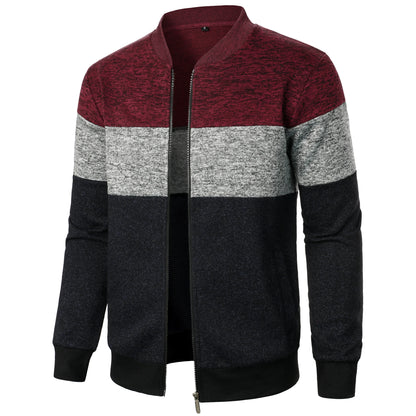 Autumn/winter men's stand-up collar striped check zipper knit top with fashion color matching