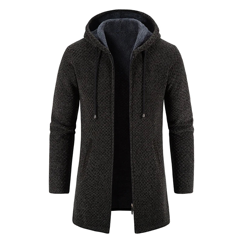 Men's Winter Padded Jacket Thick Fleece Long Jackets Coat Knitting Sweaters Hooded Zipper Cardigan Male Overcoat