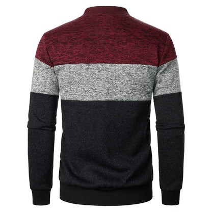 Autumn/winter men's stand-up collar striped check zipper knit top with fashion color matching