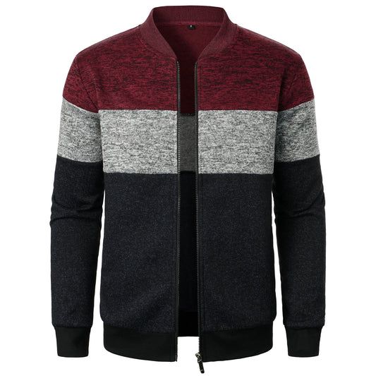 Autumn/winter men's stand-up collar striped check zipper knit top with fashion color matching