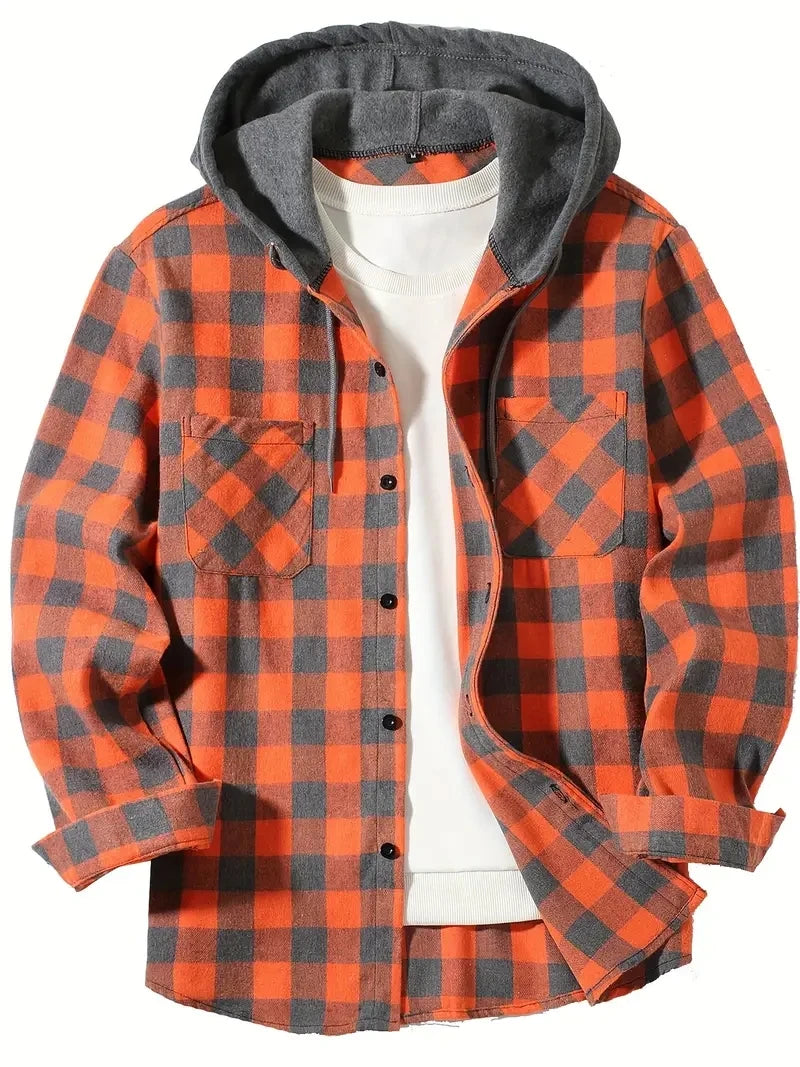 Youth Fashion Street Hooded Plaid Shirt Men's Slim Fit Long Sleeved Shirt Couple Travel Casual Shirt Men's Sports Shirt Jacket