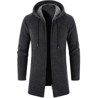 Autumn And Winter Men's Zipper Hooded Cardigan Sweater Coat  Warm Medium Long Cardigan Casual Solid Color Knitted Sweatercoat