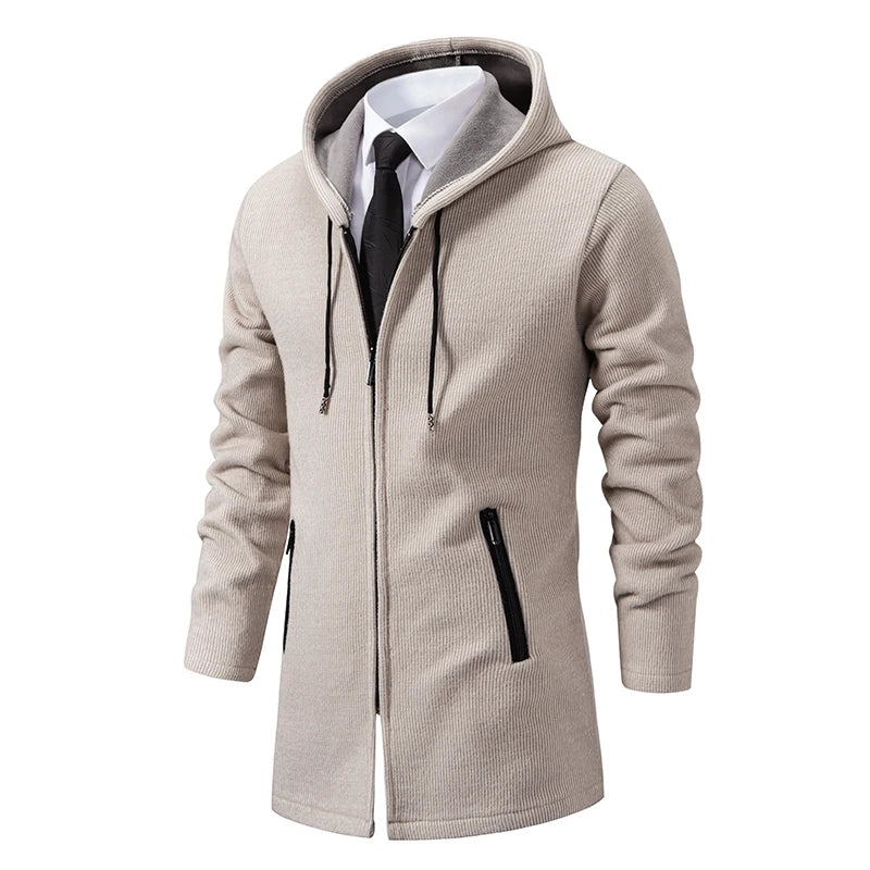 Men's Winter Padded Jacket Thick Fleece Long Jackets Coat Knitting Sweaters Hooded Zipper Cardigan Male Overcoat