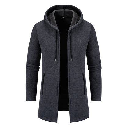 Men's Winter Padded Jacket Thick Fleece Long Jackets Coat Knitting Sweaters Hooded Zipper Cardigan Male Overcoat