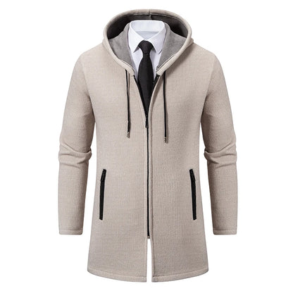 Men's Winter Padded Jacket Thick Fleece Long Jackets Coat Knitting Sweaters Hooded Zipper Cardigan Male Overcoat