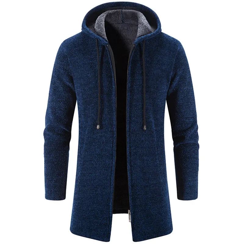 Autumn And Winter Men's Zipper Hooded Cardigan Sweater Coat  Warm Medium Long Cardigan Casual Solid Color Knitted Sweatercoat