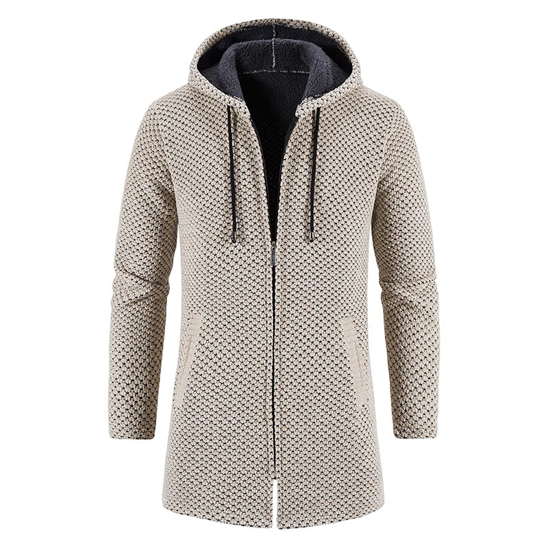 Men's Winter Padded Jacket Thick Fleece Long Jackets Coat Knitting Sweaters Hooded Zipper Cardigan Male Overcoat