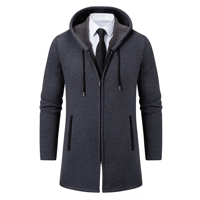 Men's Winter Padded Jacket Thick Fleece Long Jackets Coat Knitting Sweaters Hooded Zipper Cardigan Male Overcoat